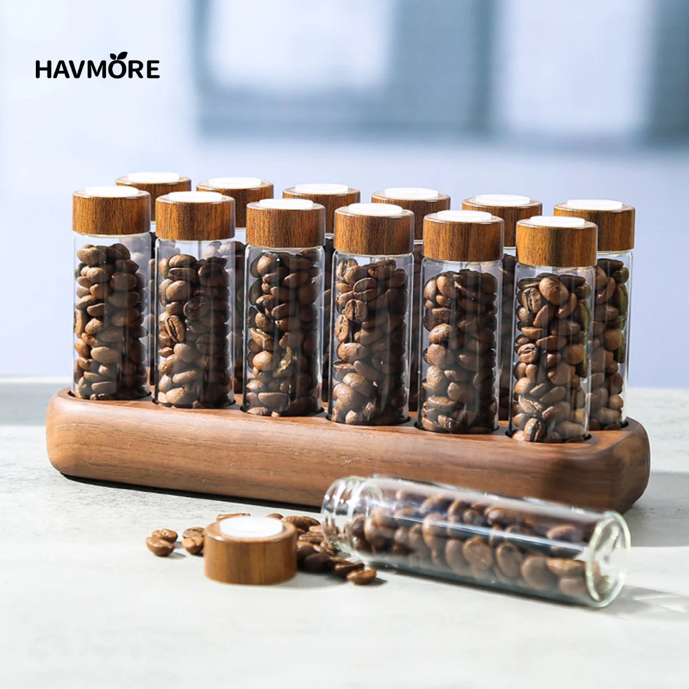 Havmore Wooden Holder 12 Testing Tubes Single Dose Coffee Bean Glass Container