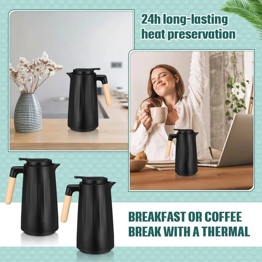 Thermal Coffee Carafe Double Wall Vacuum With Glass Liner and Wood Handle