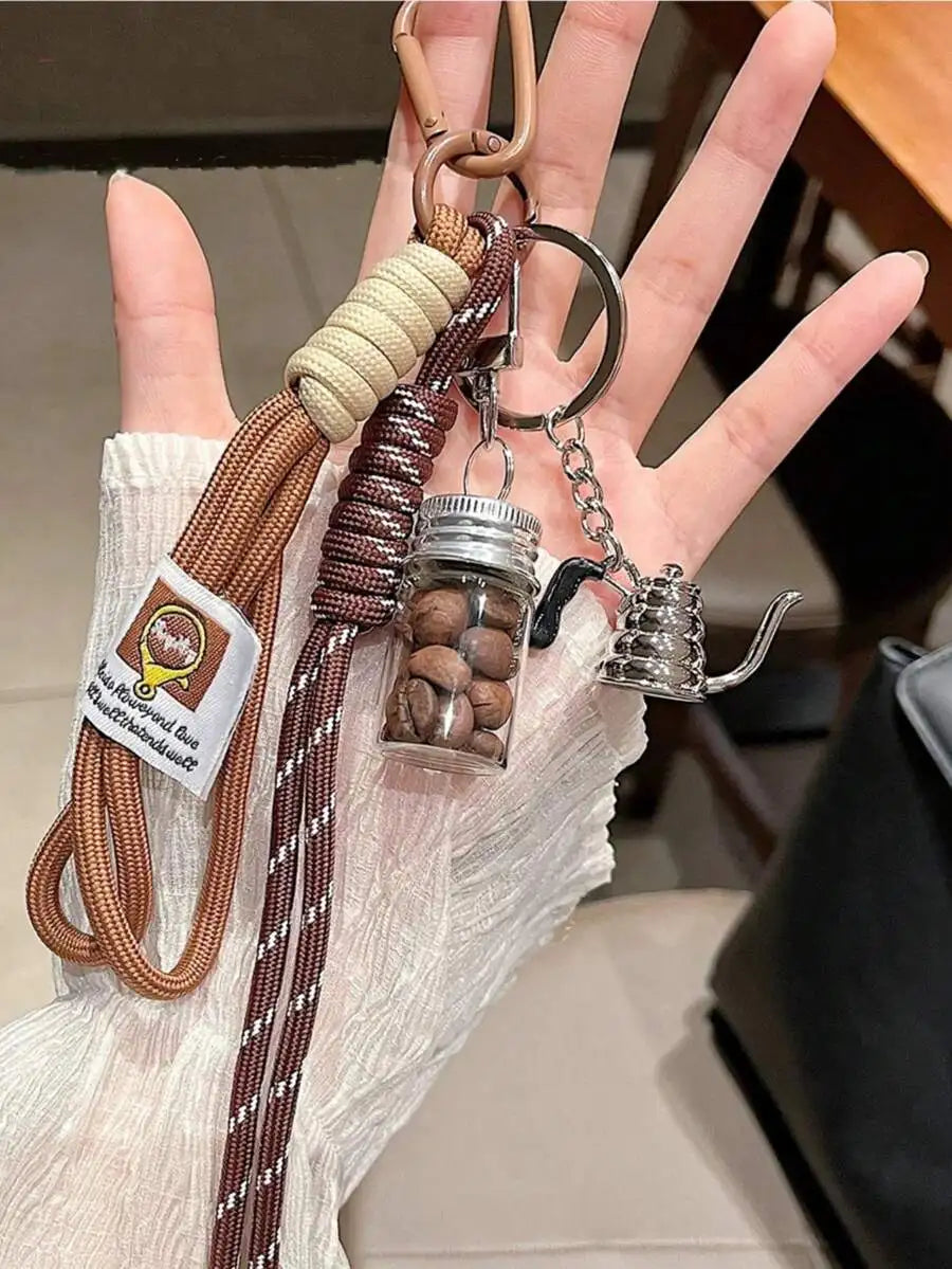 Handmade Coffee Bean Keychain With Mini Coffee Pot Pendant For Bag Car