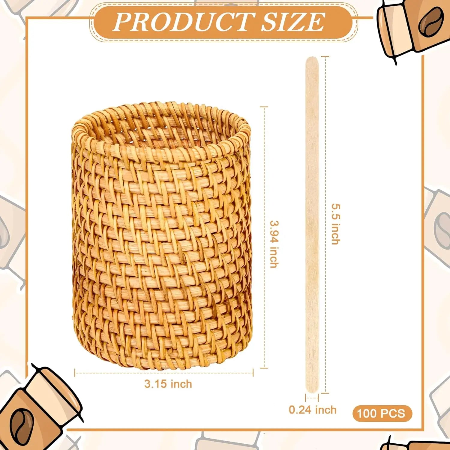 Wood Rattan Coffee Stirrers Holder Set, Disposable Beverage Stir Sticks for Hot