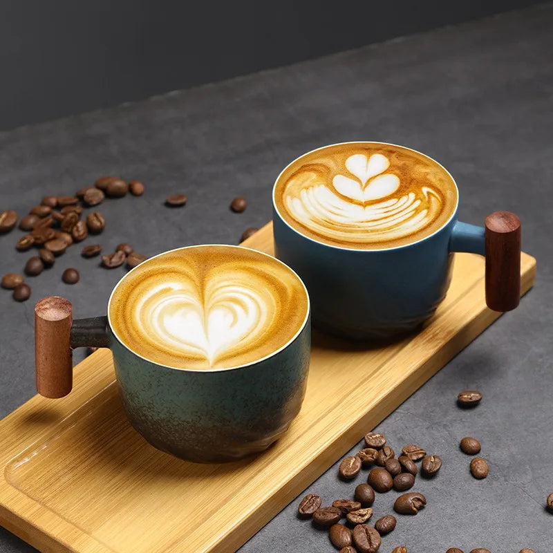 Ceramic retro coffee cup, office water cup, tea cup, wooden handle coffee cup