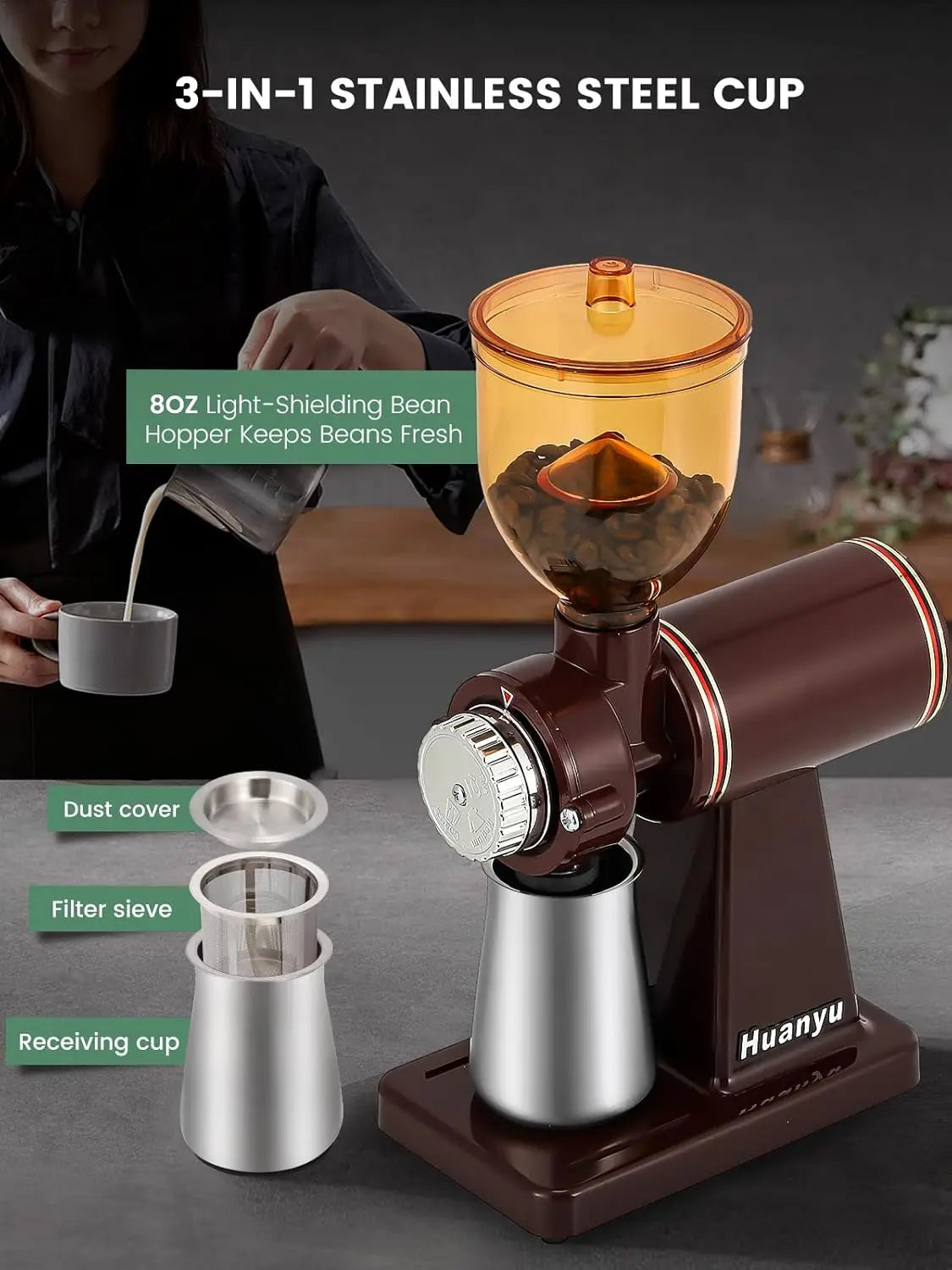 Stainless Steel Coffee Grinder Electric with 8 Grinding Settings Flat Use Red